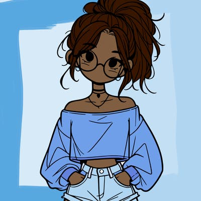 girl with a messy ponytail glasses a baggy crop top and jean shorts