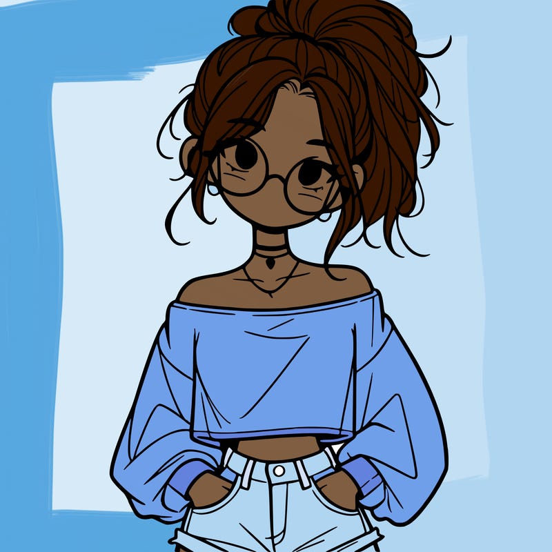 girl with a messy ponytail glasses a baggy crop top and jean shorts