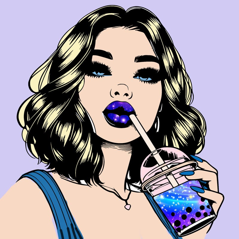 realistic girl with glossy lips holding boba