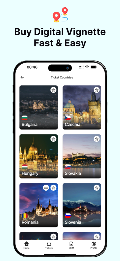 Vignetim | Vignette & eSIM - Mobile app screen for Vignetim showing a list of European countries for digital vignette purchase