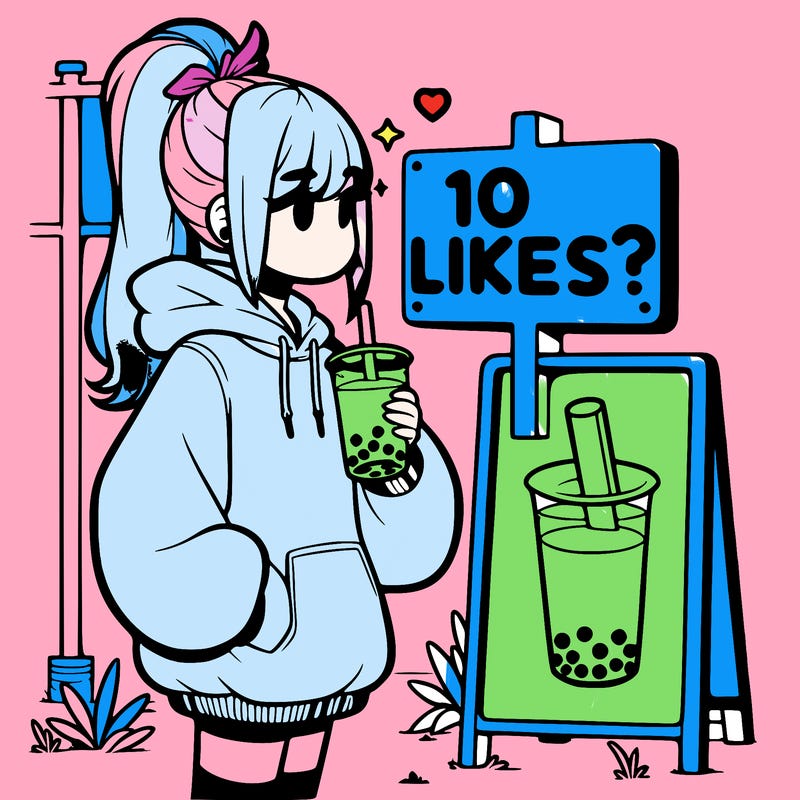 girl with oversized hoodie drinking boba and she has a high ponytail with a sign that says 10likes?