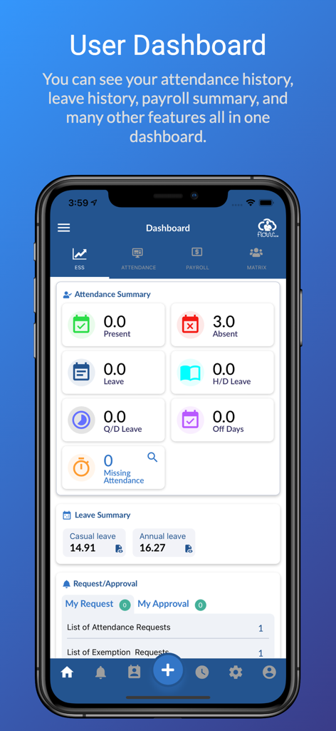 FlowHCM mobile app user dashboard displaying attendance summary and leave balances
