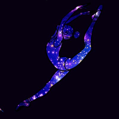 gymnast doing a leap in a leotard with a bent back leg