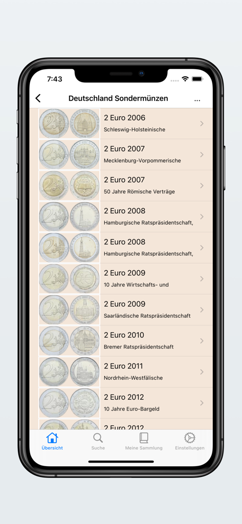 Münzen Datenbank - Mobilbildschirm, der einen Katalog deutscher 2-Euro-Gedenkmünzen zeigt