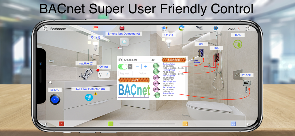 HOS Smart Home BACnet BMS - Interfaz de la aplicación HOS Smart Home BACnet BMS mostrando controles inteligentes de baño en un smartphone