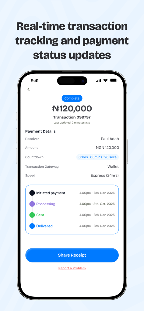 Radius (formerly Pay4Me App) - Radius app interface showing real-time transaction tracking and payment status for a completed money transfer.