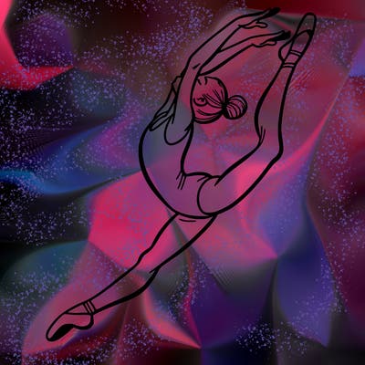 gymnast doing a leap in a leotard with a bent back leg