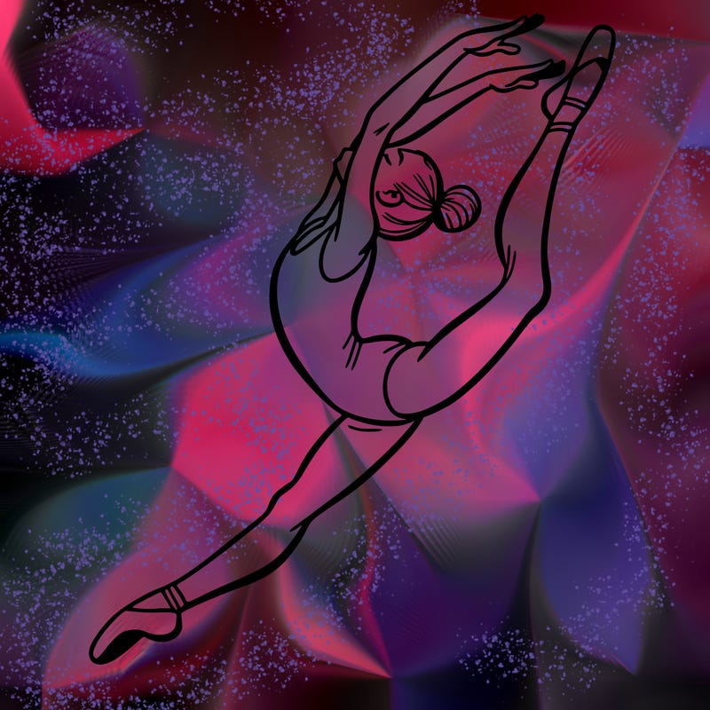 gymnast doing a leap in a leotard with a bent back leg