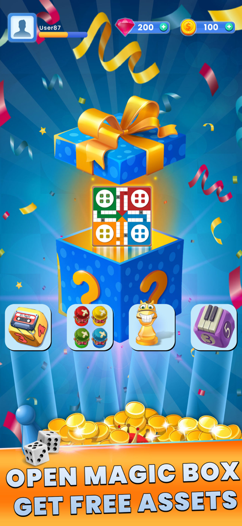 Ludo Online Multiplayer Game - Ludo Online Multiplayer Game magic box screen showing rewards like custom dice and boards