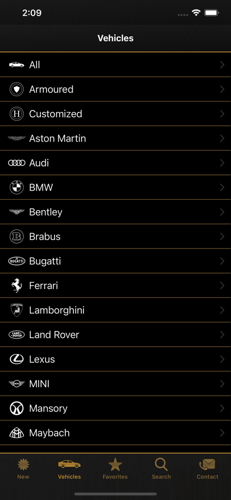 A list of luxury car brands and categories like Ferrari and Lamborghini in the Hollmann International app