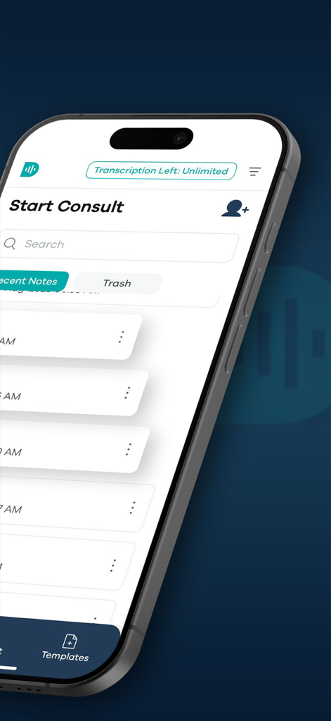 Dorascribe - Dorascribe app interface on a smartphone showing the start consult screen with unlimited transcription and recent medical notes