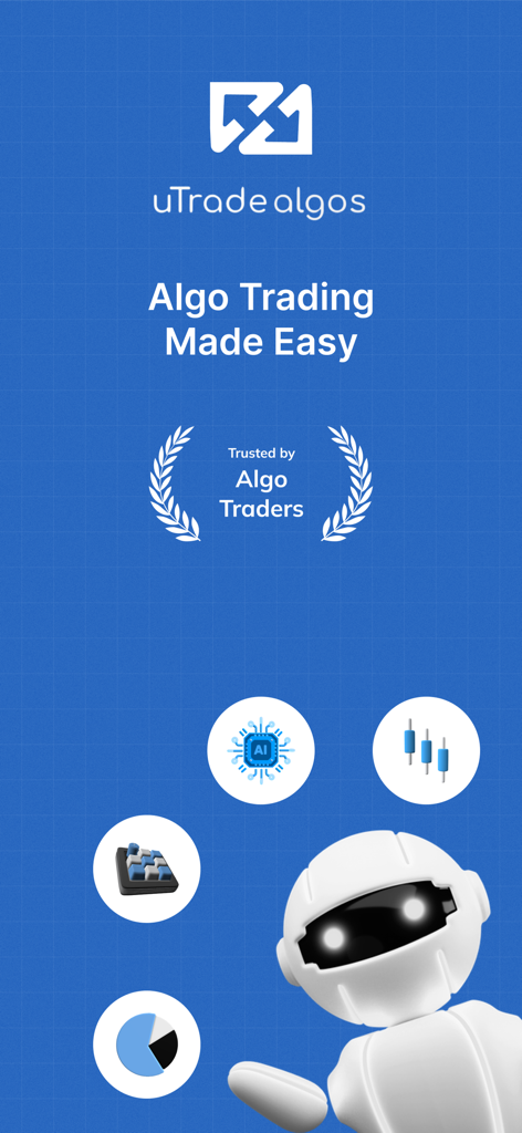 uTrade Algos - Tela inicial do aplicativo uTrade Algos com ilustração de robô e o slogan Negociação de Algoritmos Facilitada.