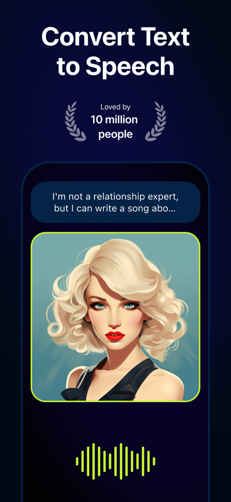 Una captura de pantalla de la app Yapper AI que muestra la interfaz de texto a voz con un personaje de IA y un visualizador de forma de onda de audio