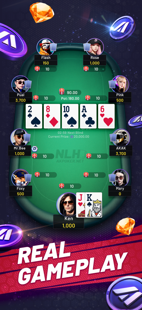 AKPoker Next-Gen Play - Mobile screenshot of AKPoker Next-Gen Play showing real gameplay on a modern virtual poker table