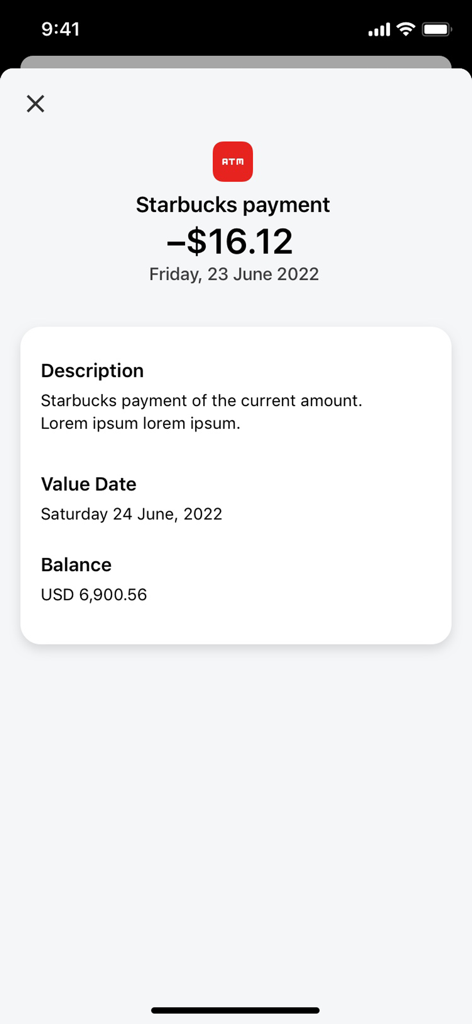 Screen displaying the details of a card transaction for a Starbucks payment within the SGBL mobile application.