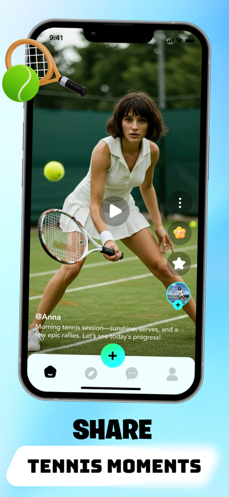 Hawk - 1 on 1 Live Video Chat - Una captura de pantalla de la aplicación Hawk que muestra a un tenista en la cancha con el texto Comparte Momentos de Tenis.