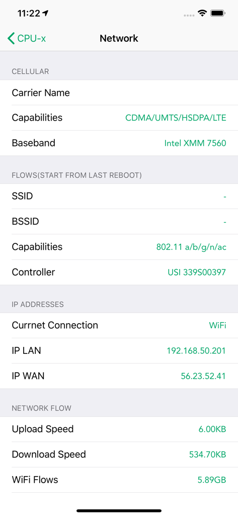 CPU-x Dasher z Battery life - Network information dashboard in CPU-x showing cellular capabilities, IP addresses, and real-time data flow.