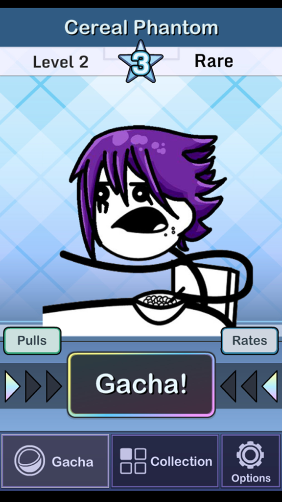 Meme Gacha! - Captura de pantalla de Meme Gacha que muestra un personaje Cereal Phantom de nivel 2 raro con un botón de Gacha