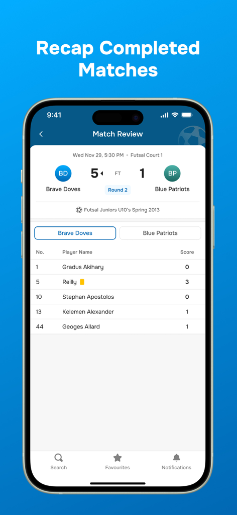 Sportfix - Sportfix app screen showing completed match results and player statistics for a futsal league