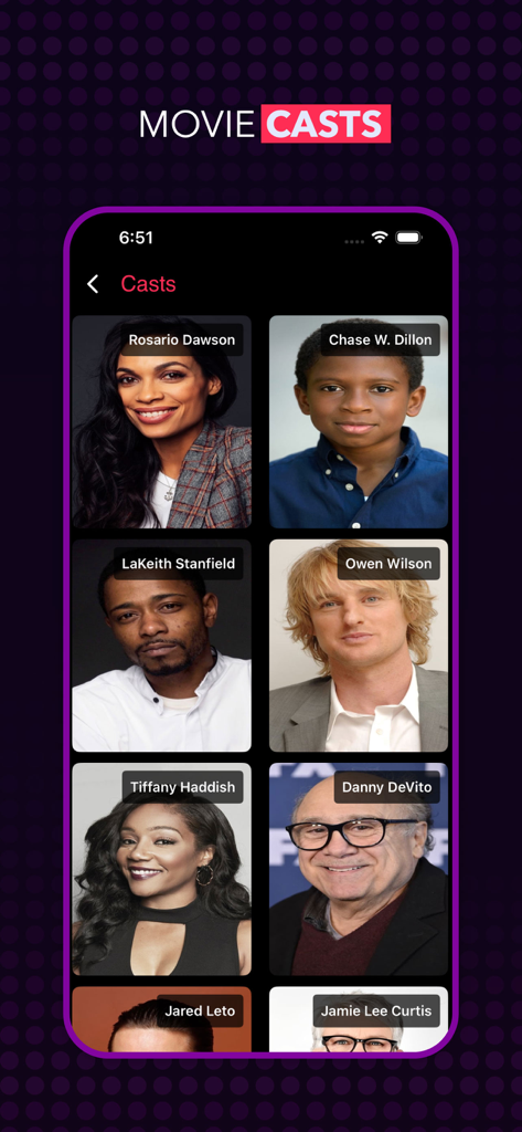 Grid view of movie cast members showing actor names and photos in the Netmirror app