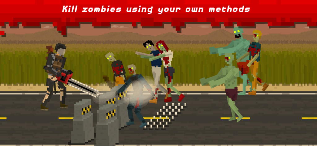 They Are Coming Zombie Defense - Personaggio in pixel art che usa una motosega e trappole per combattere zombi su una strada