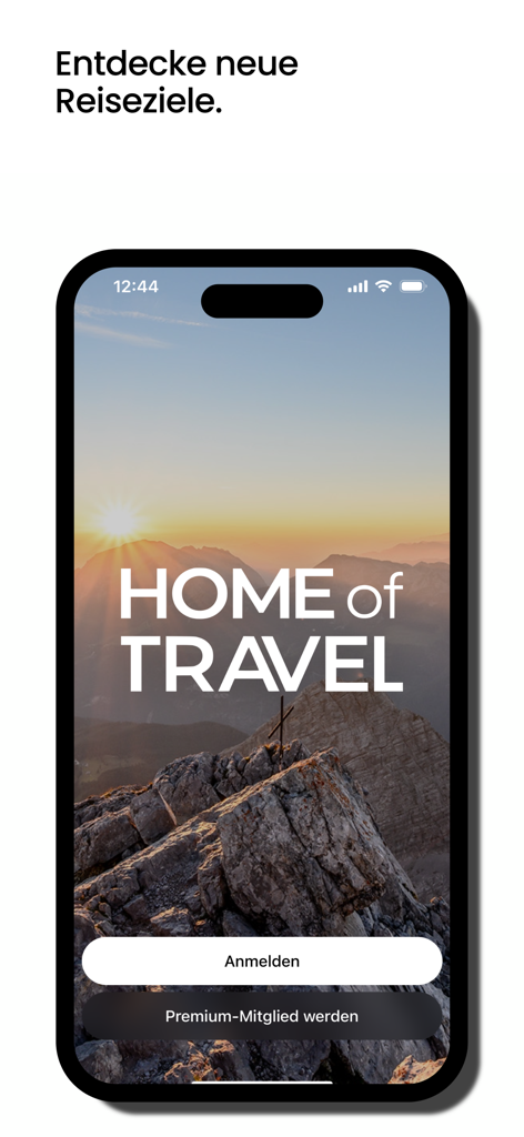 Home of Travelアプリのウェルカムスクリーン。日の出の山の頂が表示されています。