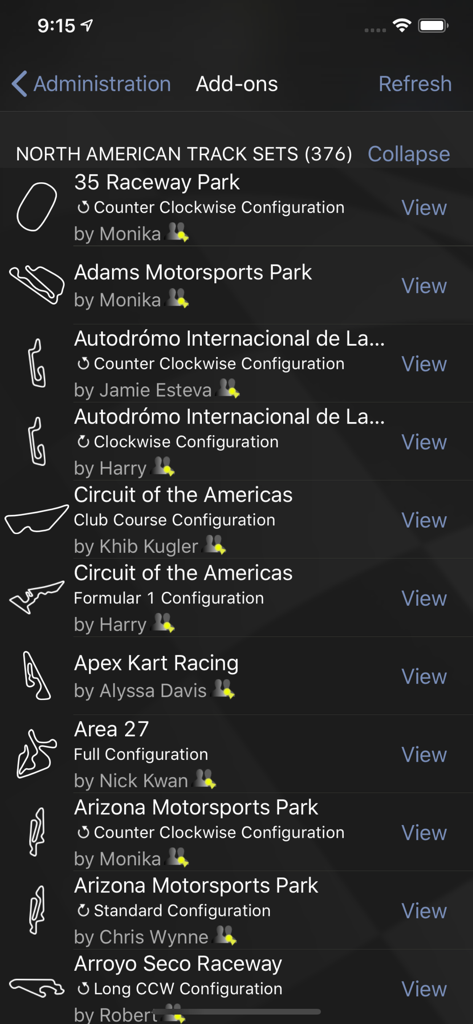 A list of North American racing tracks and their circuit configurations in the Harrys LapTimer app