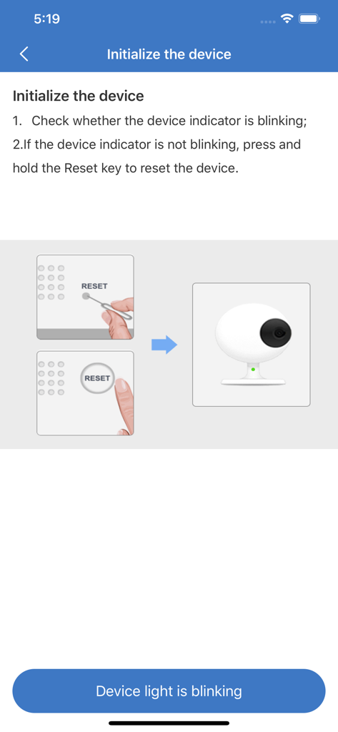 CloudEye 365 - Setup screen for CloudEye 365 showing instructions to initialize and reset a security camera