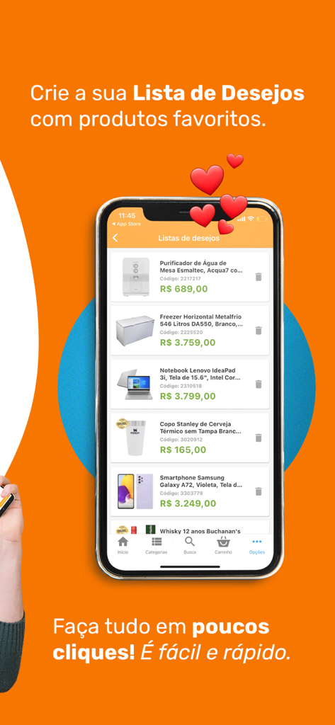 eFácil - Super Ofertas e mais! - Interface do aplicativo móvel eFacil mostrando uma lista de desejos com vários produtos e ícones de coração