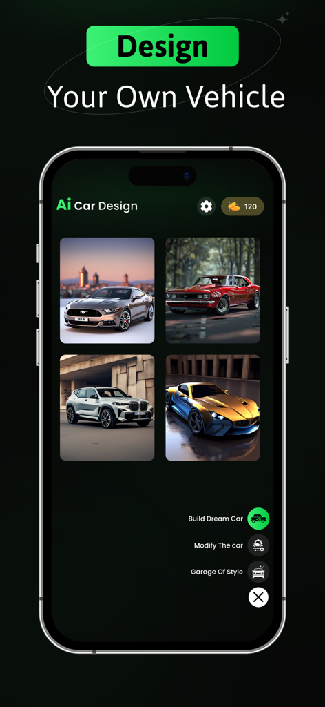 AI Car Designer: Car Modify AI - Pantalla de la aplicación móvil Diseñador de Coches IA que muestra una galería de coches modificados personalizados y opciones de diseño