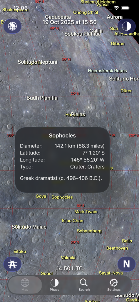 Mercury Atlas - マーキュリー・アトラスアプリの水星マップ上のソフォクレスクレーターの詳細情報ポップアップ。