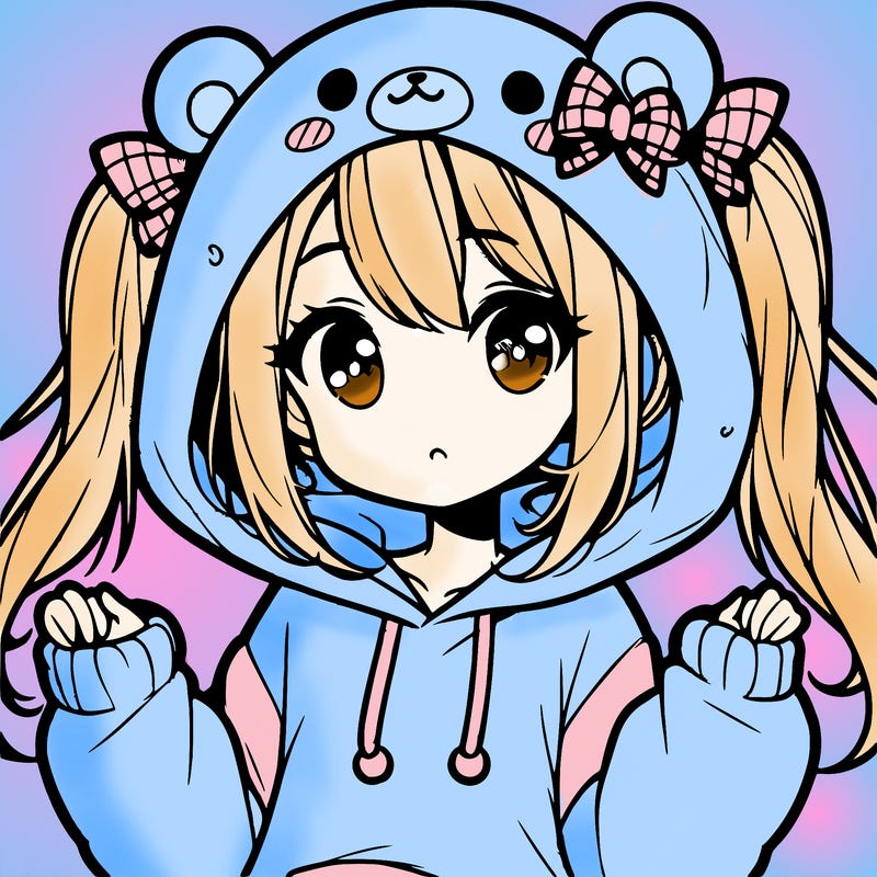 cute anime girl with ponytails and a cute bear hoodie