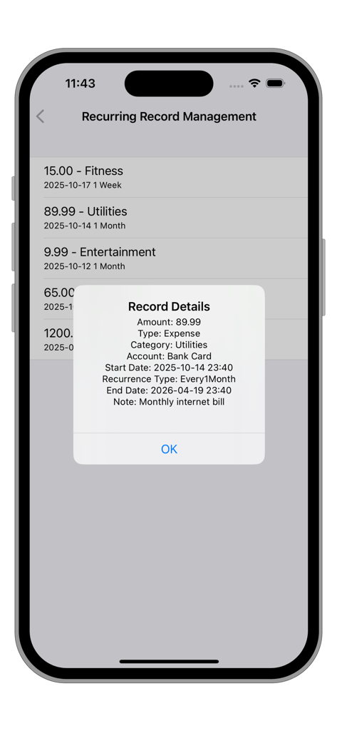 Interface showing recurring record management and utility bill details in the Wallet Money Manager app