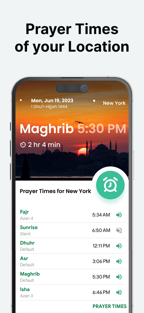 Mobile app interface showing daily Islamic prayer times for New York with a sunset background