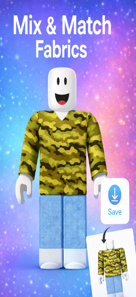 Personagem Roblox usando uma camisa camuflada personalizada e jeans azuis no aplicativo editor de pele