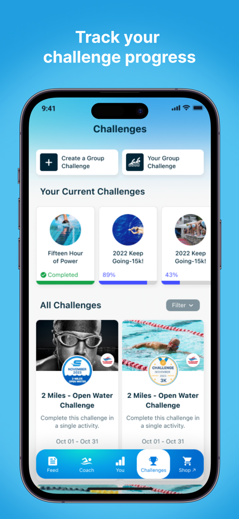 Interface of the Swim.com app showing current and available swimming challenges with progress bars