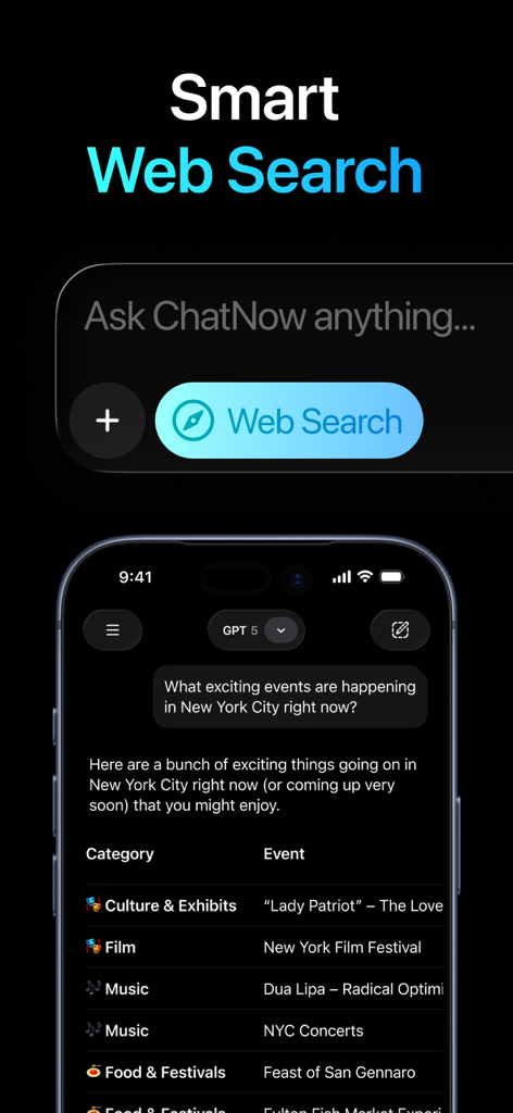 ChatNow AI app interface showing smart web search results for NYC events