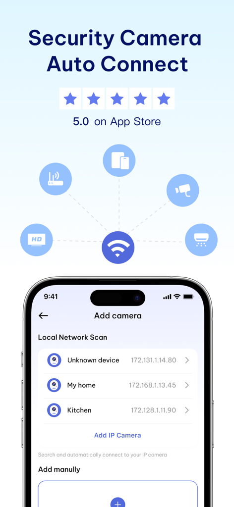 Security Camera Auto Connect - Pantalla de la app Cámara de Seguridad Auto Conexión mostrando el escaneo de dispositivos de la red local