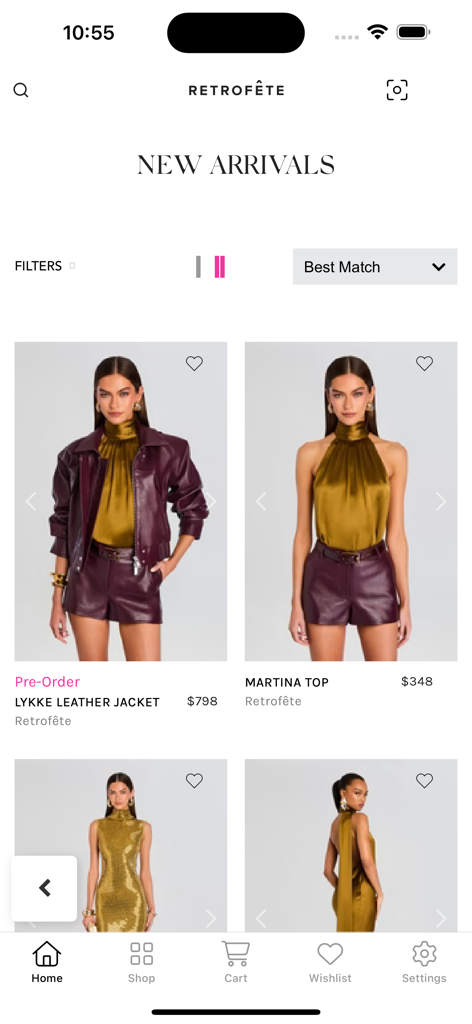Retrofete app screen displaying new arrivals of luxury silk tops and leather jackets