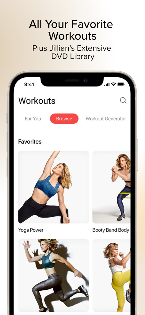 Jillian Michaels | Fitness App - Benutzeroberfläche der Jillian Michaels Fitness App mit dem Bereich zum Durchsuchen von Workouts inklusive Yoga- und Krafttrainingsprogrammen.