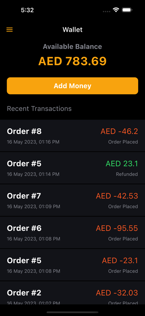 ChildGuard app wallet screen showing available balance and school canteen transaction history