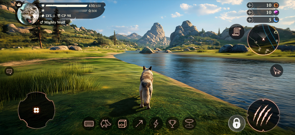 Un lobo de pie junto a un río en un entorno natural realista en 3D con montañas al fondo.