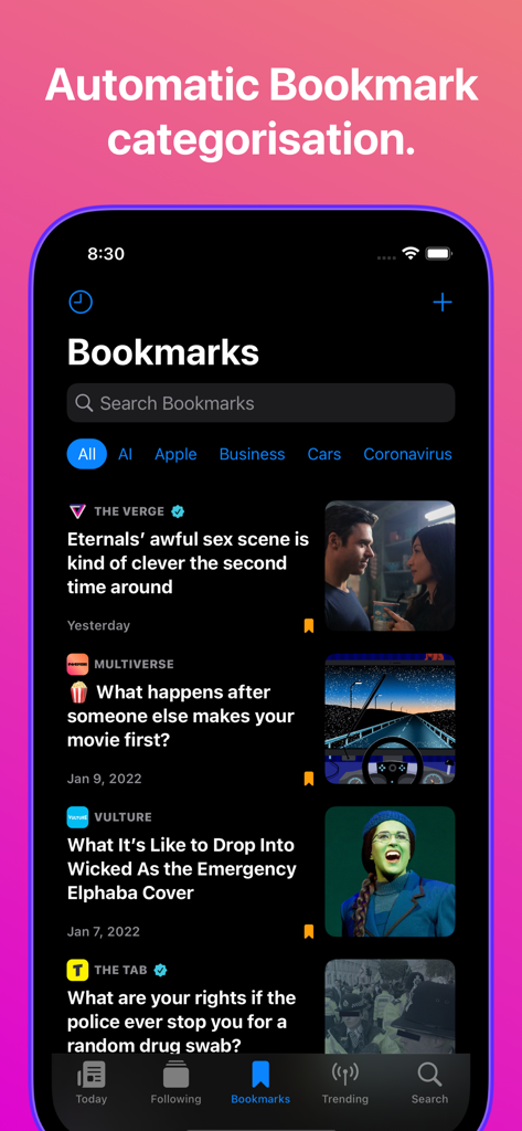 Big News - Smart Reader - AI 및 비즈니스와 같은 주제별로 뉴스 기사를 자동 분류하는 Big News 앱 북마크 화면입니다.