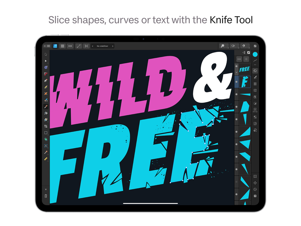 Utilisation de l'outil Couteau pour découper et fragmenter la typographie dans Affinity Designer 2 sur un iPad.
