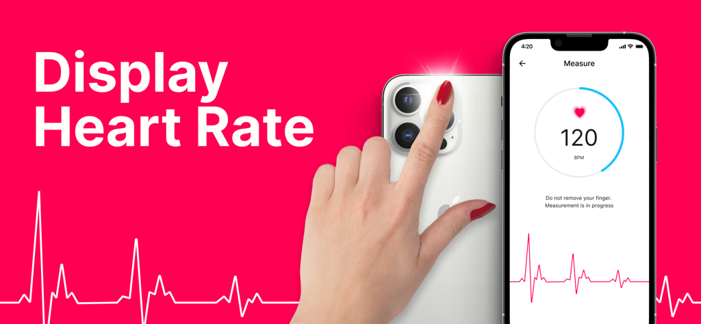 heart rate aрp - Una persona misura il proprio polso appoggiando un dito sull'obiettivo della fotocamera di un iPhone con il display dell'app Battito Cardiaco che mostra 120 BPM.