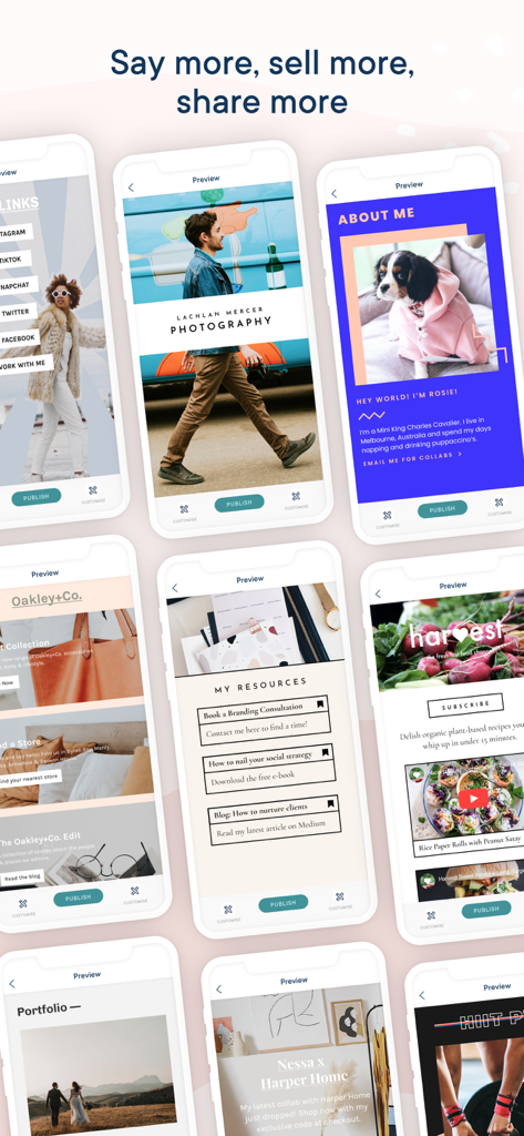 Multiple smartphone screens displaying different mobile website designs and link in bio cards created with the Milkshake app