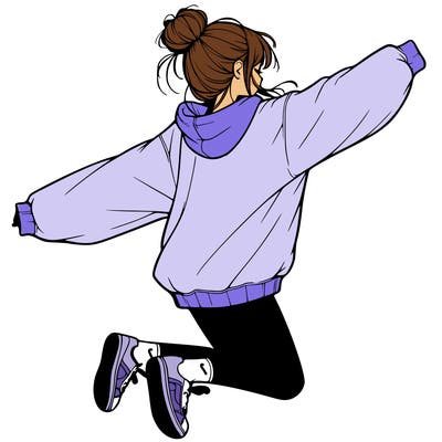 realistic girl jumping with a bun and oversized sweatshirt