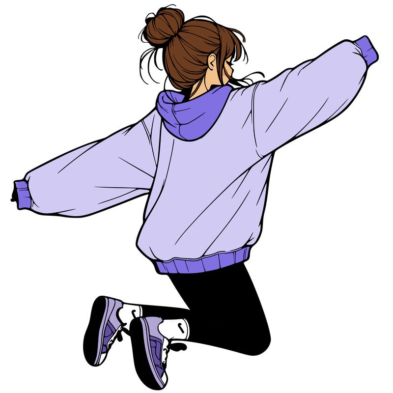 realistic girl jumping with a bun and oversized sweatshirt