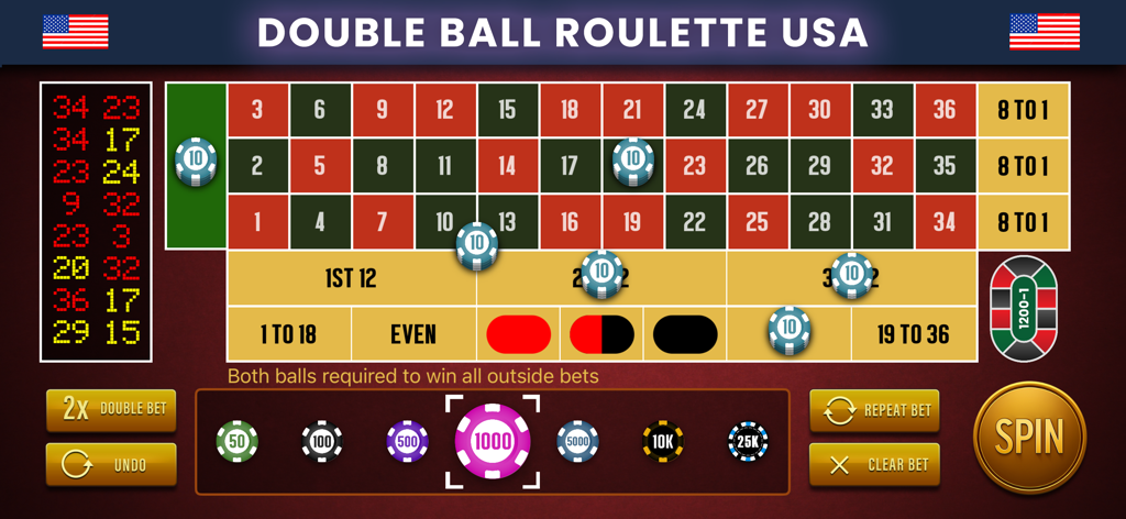 A digital roulette betting table with chips and a spin button in Double Ball Roulette USA