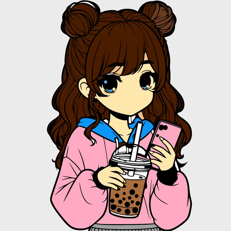 realistic girl with a lphone and boba